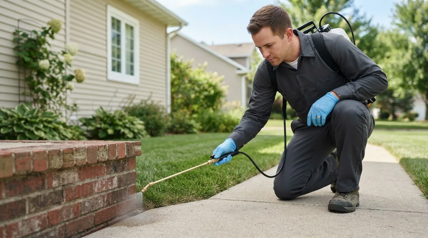 Pest control technician treating a home near Ossian, IN