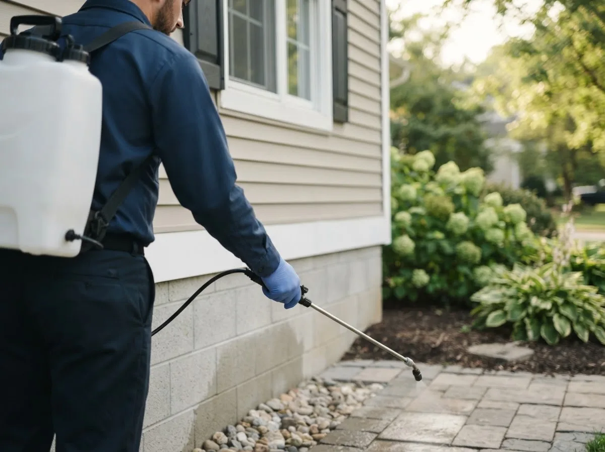 Pest control technician inspecting a home in Ossian, IN